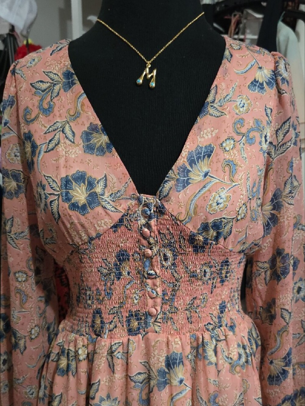 Patrons of Peace Peach Floral V-Neck Long Sleeve Midi Dress - Picture 3 of 7